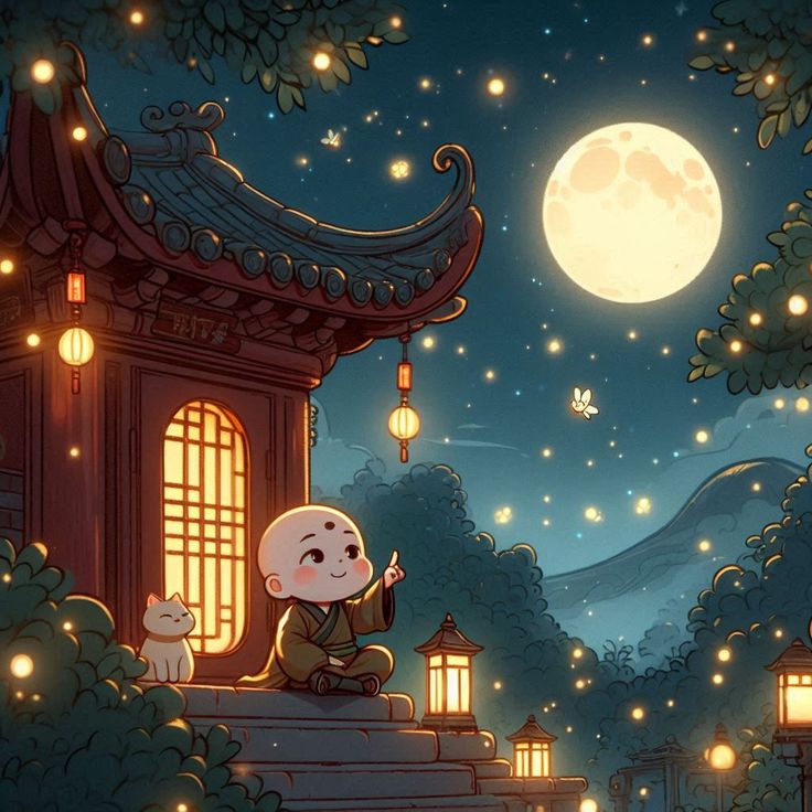 Hình ảnh chú tiểu chibi - Ngắm trăng