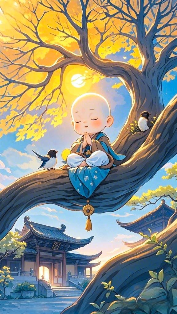 Hình ảnh chú tiểu chibi - Ngồi trên cành cây