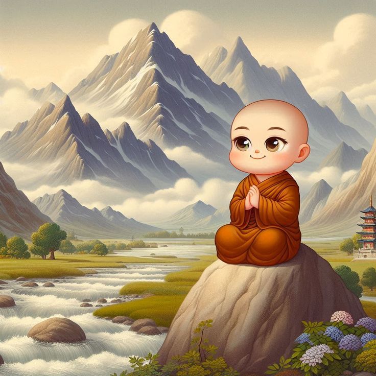 Hình ảnh chú tiểu chibi - Ngồi trên vách núi