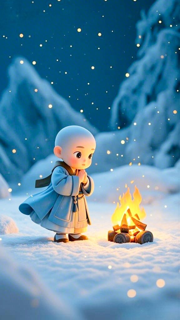 Hình ảnh chú tiểu chibi - sưởi ấm