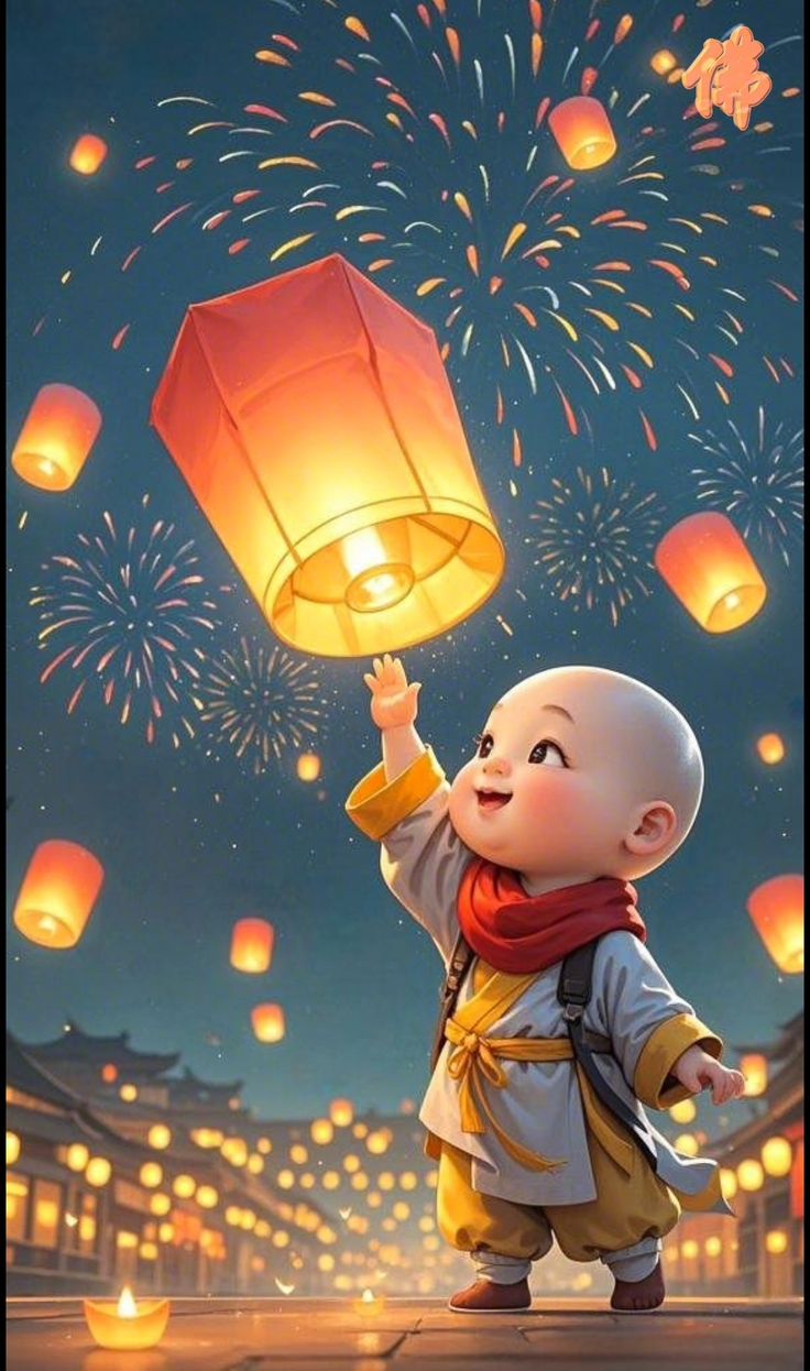 Hình ảnh chú tiểu chibi - Thả đèn lồng 