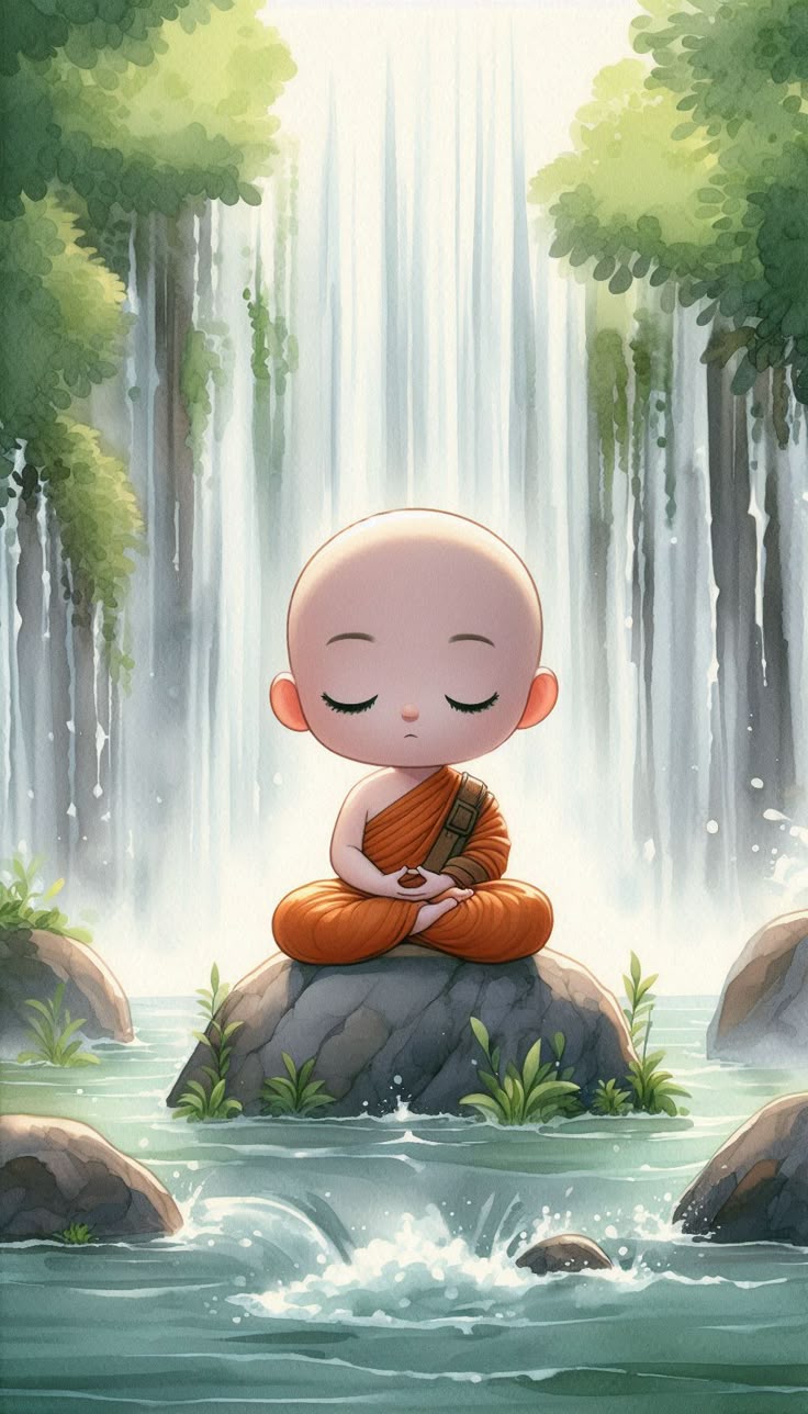 Hình ảnh chú tiểu chibi - Thiền dưới thác nước