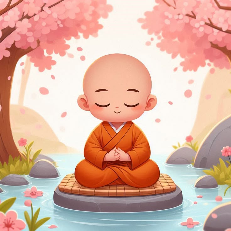 Hình ảnh chú tiểu chibi - Thiền giữa bờ hồ
