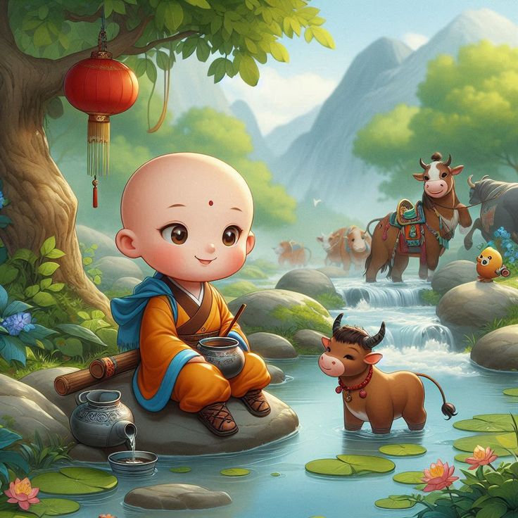 Hình ảnh chú tiểu chibi - và đàn trâu