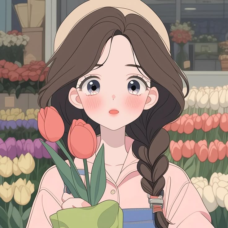 Hình ảnh cô gái chibi dễ thương bán hoa