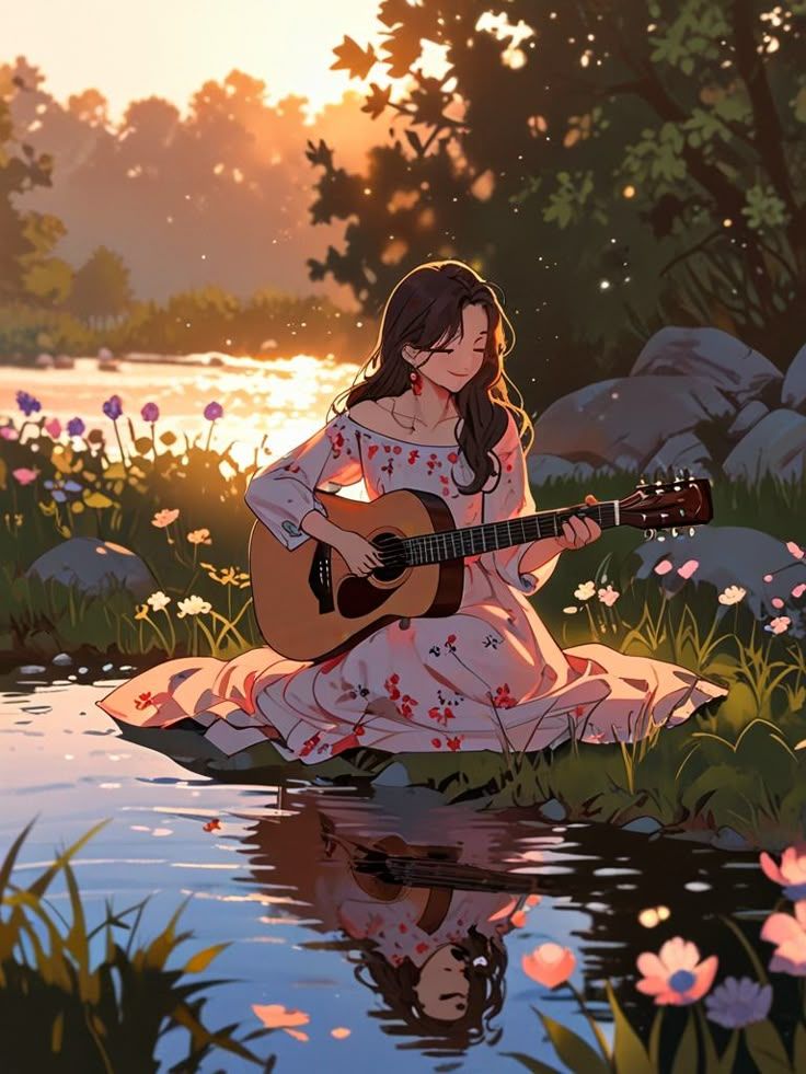 Hình ảnh cô gái chibi cute - đánh đàn 