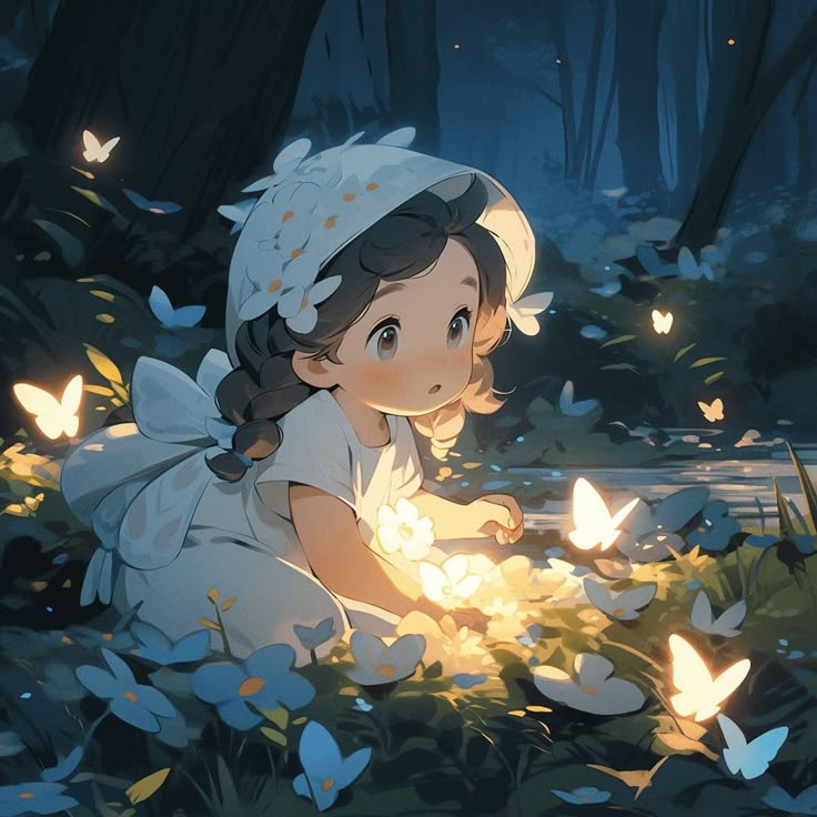 Hình ảnh cô gái chibi cute - ngắm bươm bướm 