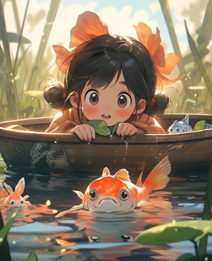 Hình ảnh cô gái chibi cute - ngắm cá