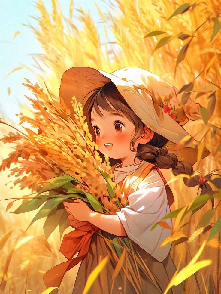 Hình ảnh cô gái chibi cute - thu hoạch lúa