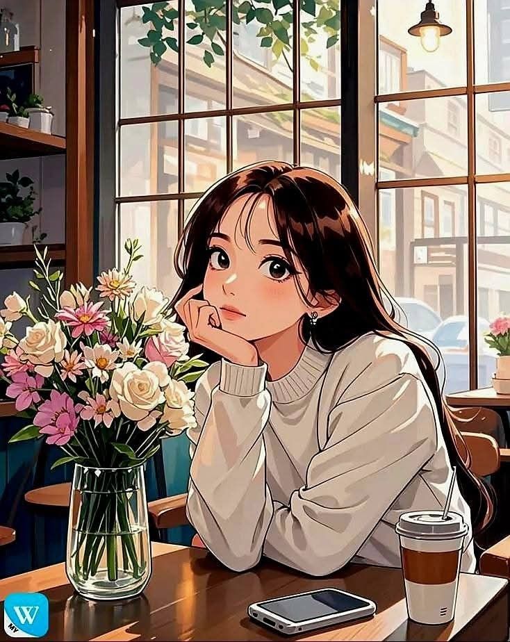 Hình ảnh cô gái chibi cute - uống cà phê 