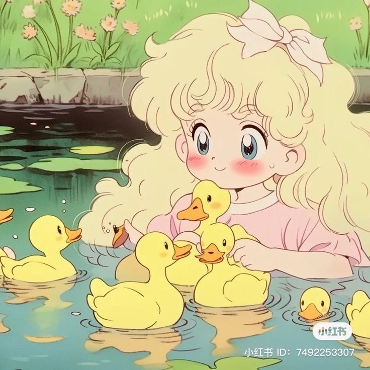 Hình ảnh cô gái chibi cute - và đàn vịt con 