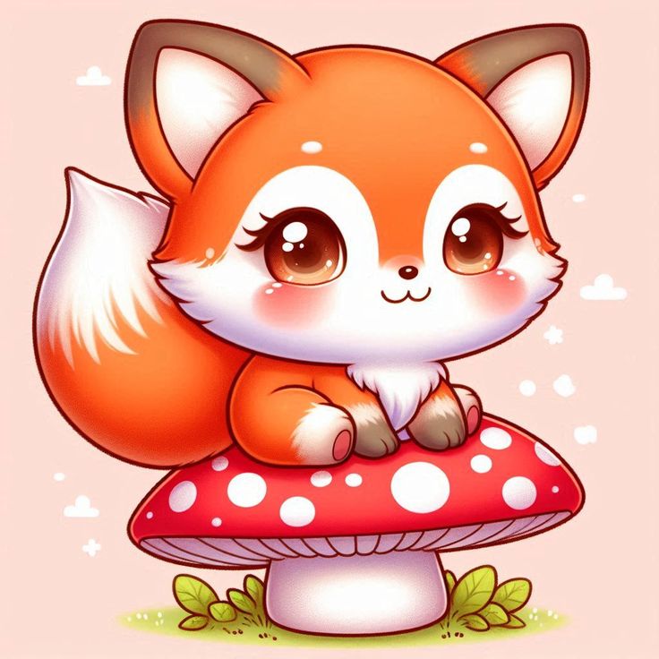 Hình ảnh con cáo chibi cute - Ngồi trên cây nấm
