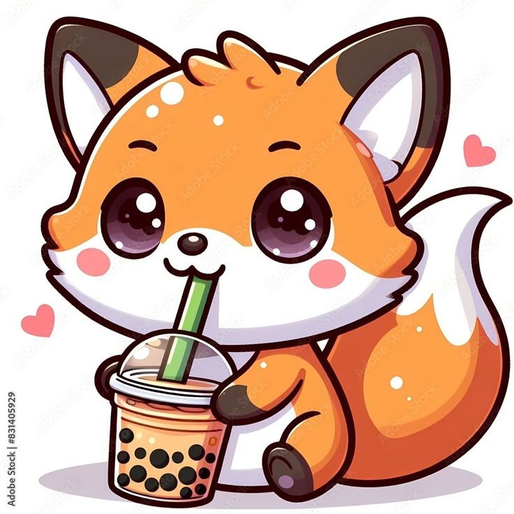 Hình ảnh con cáo chibi cute - uống trà sữa
