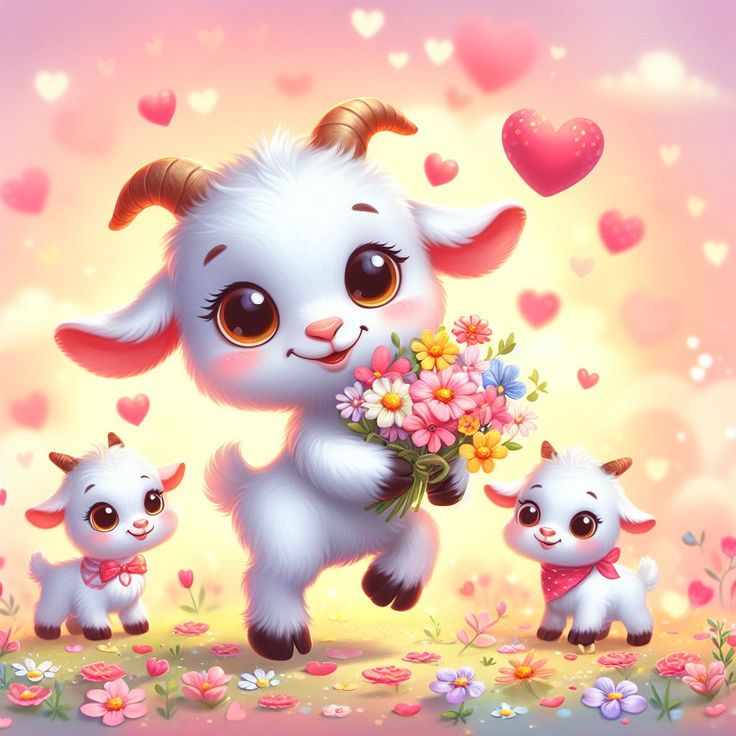 Hình ảnh con dê chibi - ôm hoa