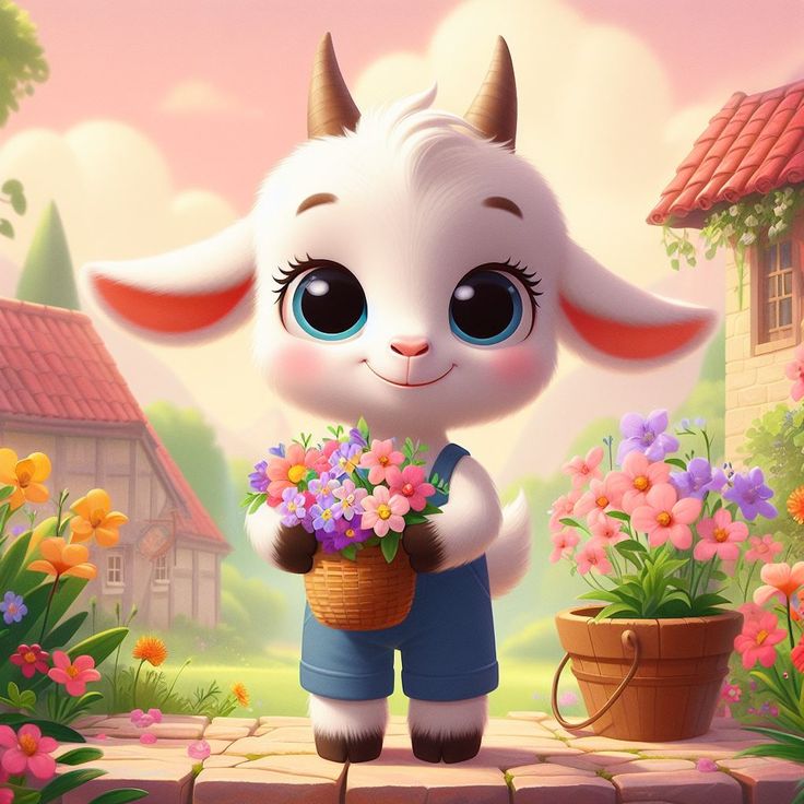 Hình ảnh con dê chibi - trồng hoa