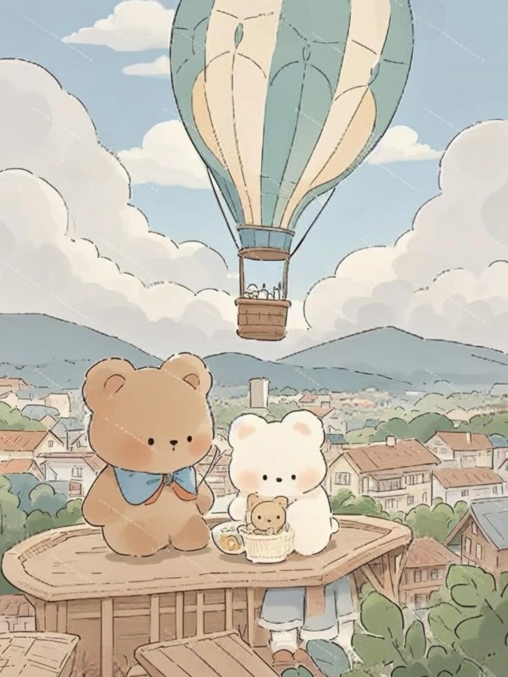 Hình ảnh gấu chibi cute - Đi khinh khí cầu