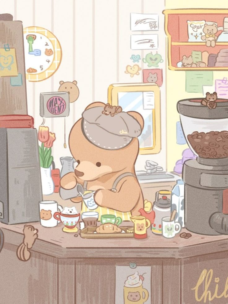 Hình ảnh gấu chibi cute - tiệm cà phê