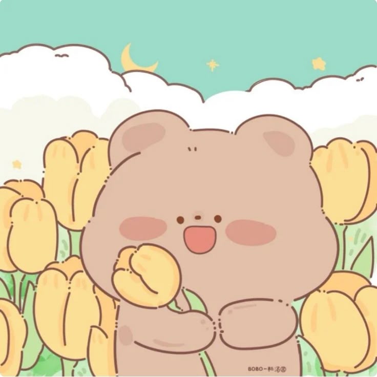 Hình ảnh gấu chibi cute - Trong vườn hoa tulip
