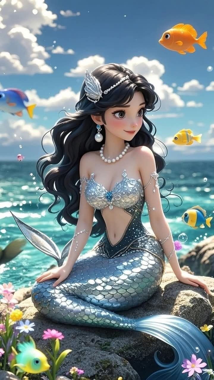 Hình ảnh nàng tiên cá chibi - Chơi cùng bạn cá