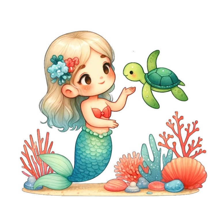 Hình ảnh nàng tiên cá chibi - Chơi với rùa con