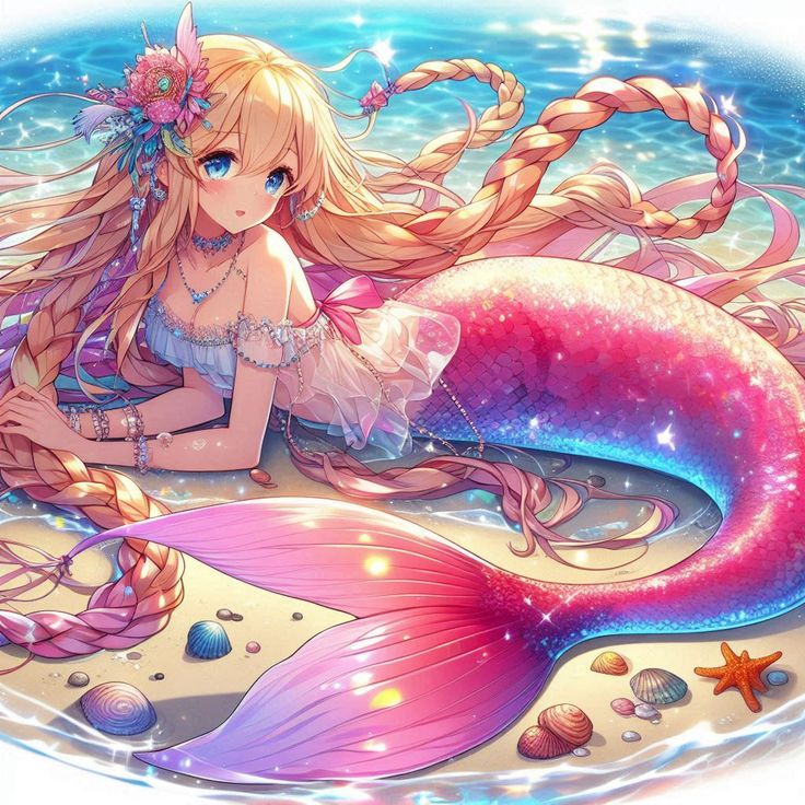 Hình ảnh nàng tiên cá chibi - Đuôi cá hồng