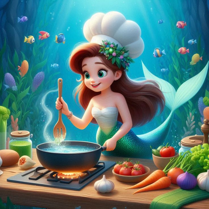 Hình ảnh nàng tiên cá chibi - Nấu ăn