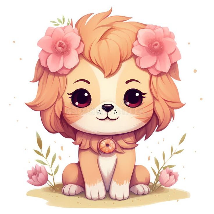 Hình ảnh sư tử chibi cute - cài hoa