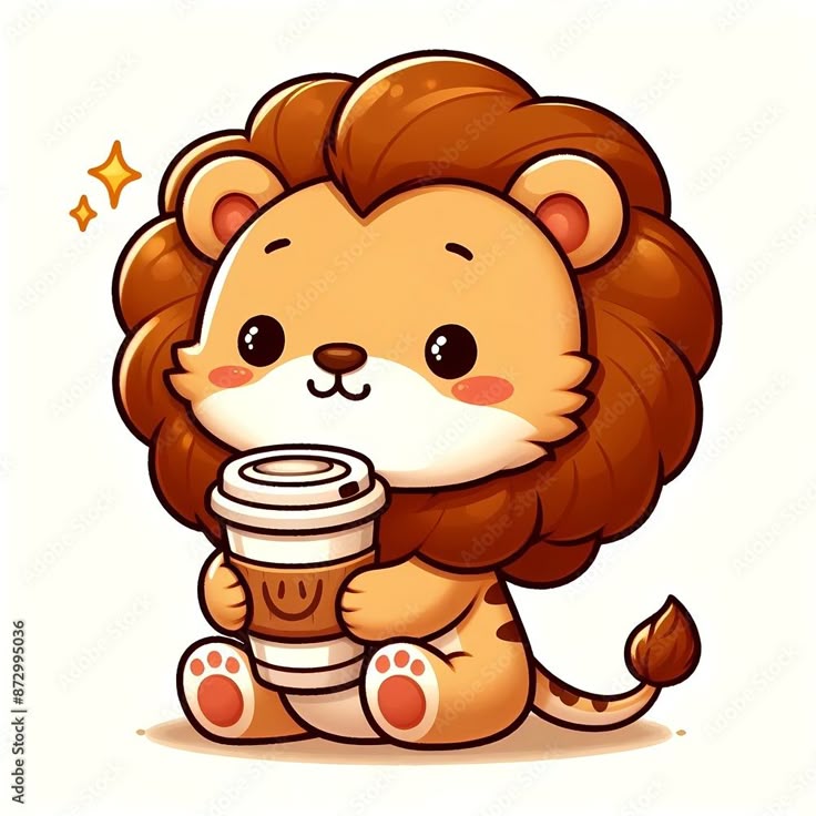 Hình ảnh sư tử chibi cute - uống cà phê