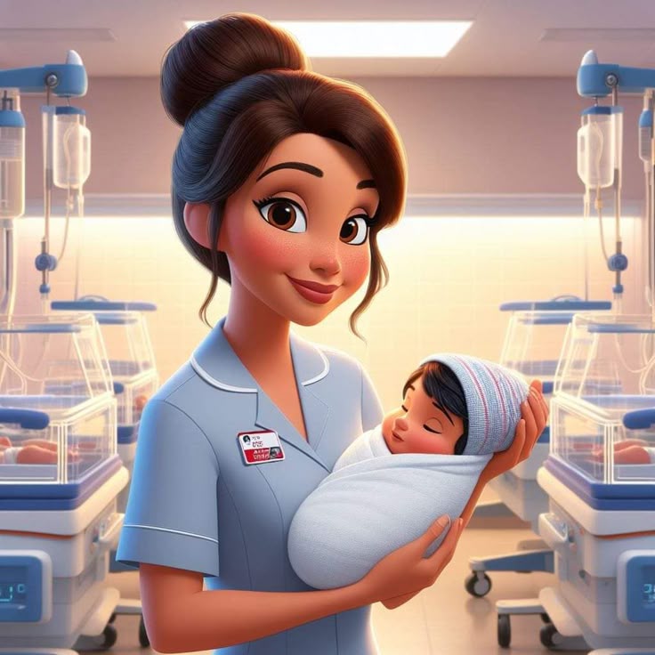 Hình bác sĩ nữ hoạt hình cute - Bế em bé