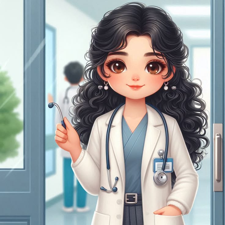 Hình bác sĩ nữ hoạt hình cute - tóc xoăn