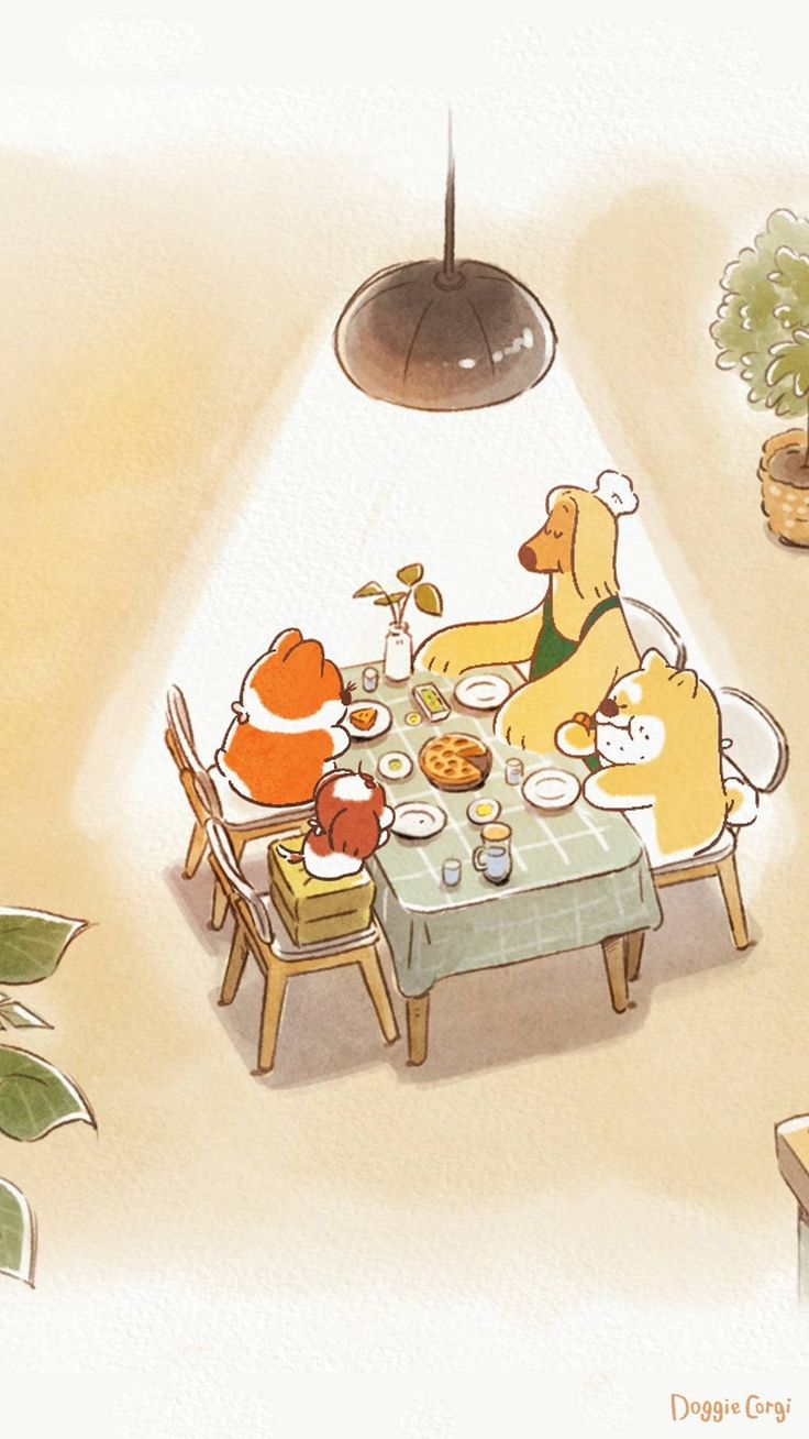 Hình nền chó chibi - bữa ăn ấm áp