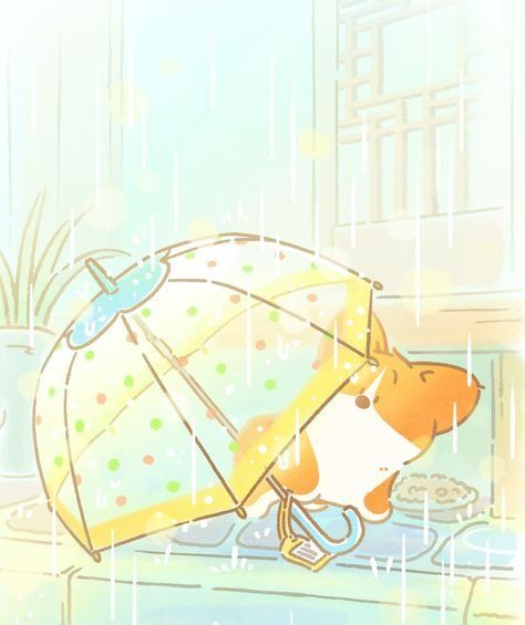Hình nền chó chibi - che mưa