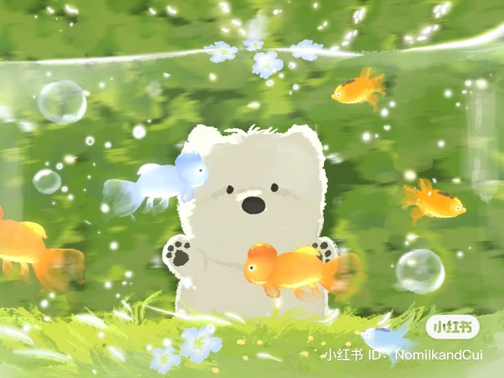 Hình nền chó chibi - Cún con ngắm bể cá