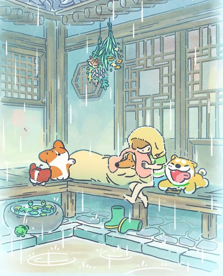 Hình nền chó chibi - Trú mưa trong nhà
