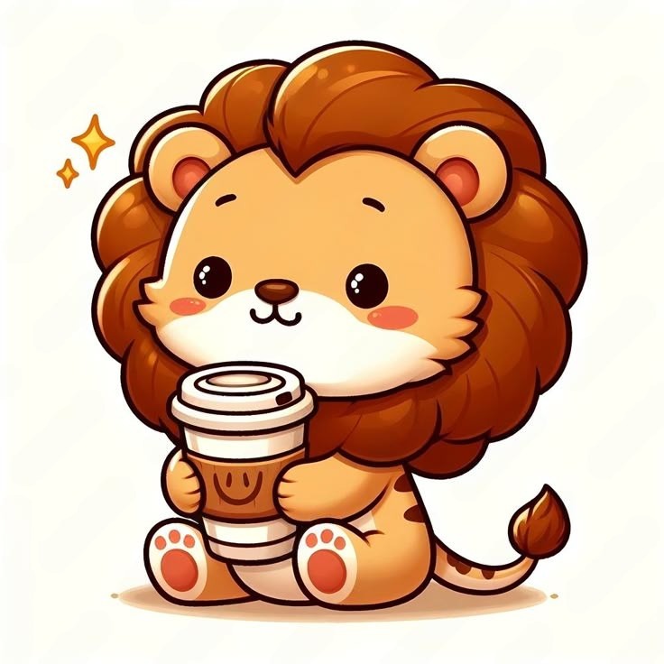 Hình ảnh sư tử chibi cute - uống cà phê 