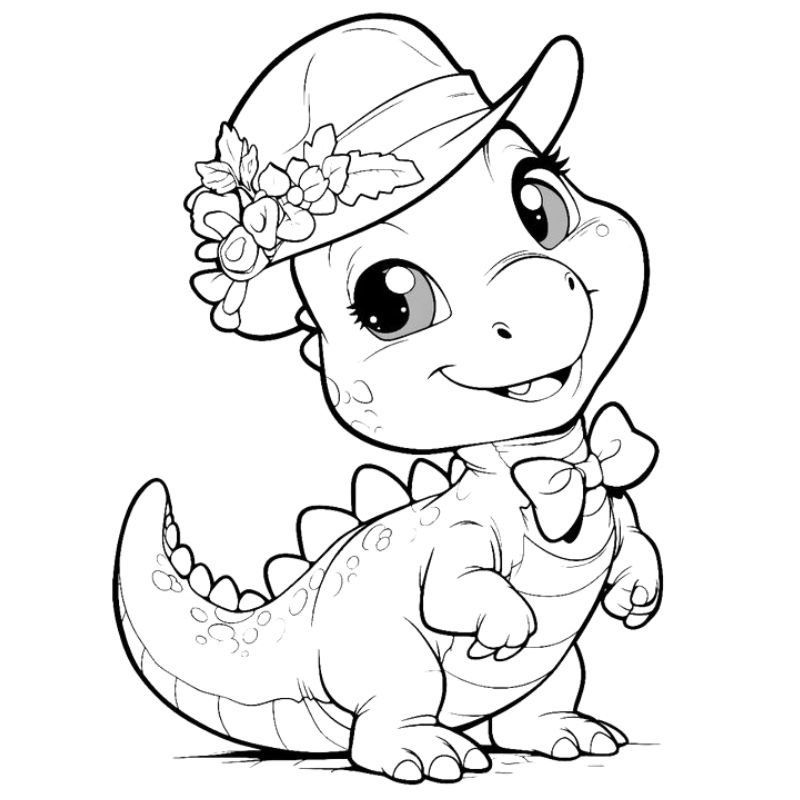 Hình tô màu khủng long thắt nơ cute